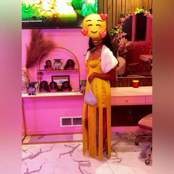 HOUSE OF CB 'Emee' Acid Yellow Satin Fringe Dress/Size M-US 6-8. Chartreuse - Picture 8 of 11